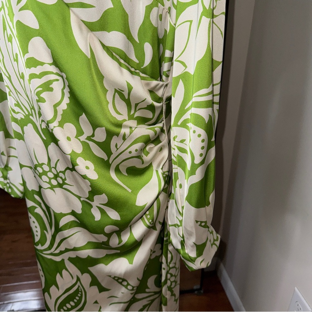 Zara Midi Floral Leaf Printed Dress Lime Ivory Size XL - Picture 7 of 7